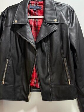 Tommy Hilfiger Black Faux Leather Motorcycle Jacket with Red Plaid Lining